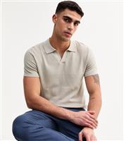 Men's Stone Regular Textured Knit Polo Top New Look