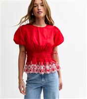 Women's Bright Red Embroidered Trim Puff Sleeve Blouse New Look