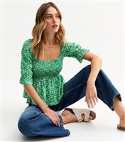 Women's Green Floral Print Shirred Top New Look