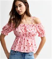 Women's Pink Floral Print Tie Strap off The Shoulder top New Look