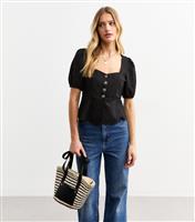 Women's Black Linen Blend Button Up Peplum Top New Look