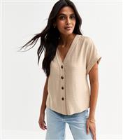 Women's Stone V-Neck Button Up Top New Look
