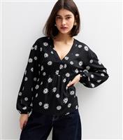 Women's Black Daisy Print V-Neck Long Sleeve Blouse New Look