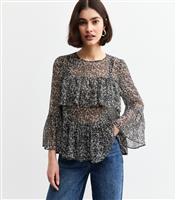 Women's Black Ditsy Floral Print Chiffon Blouse New Look