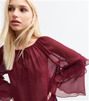 Women's Burgundy Flared Sleeve Tie Neck Chiffon Blouse New Look