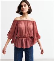 Women's Burgundy Chiffon Peplum Hem Bardot Blouse New Look