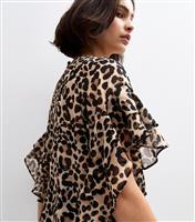 Women's Brown Leopard Print Frill Sleeve Blouse New Look