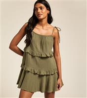 Women's Khaki Tie Strap Ruffle Trimmed Mini Dress New Look