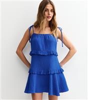 Women's Blue Tie Strap Ruffle Trimmed Mini Dress New Look