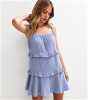 Women's Light Blue Tie Strap Ruffle Trimmed Mini Dress New Look