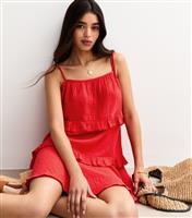 Women's Red Tie Strap Ruffle Trimmed Mini Dress New Look
