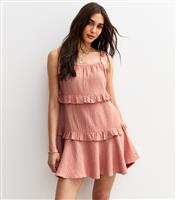 Women's Pink Tie Strap Ruffle Trimmed Mini Dress New Look