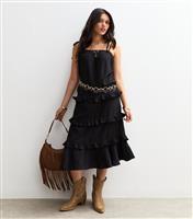 Women's Black Crinkled Frilly Trim Midi Dress New Look