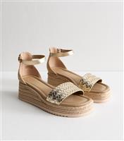 Women's Wide Fit Gold Faux Leather Woven Strap Flatform Wedge Sandals Vegan New Look