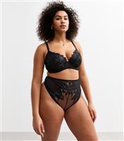 Women's Plus Size Black Floral Appliqued High Waisted Thong Curves New Look