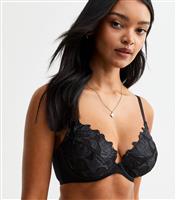Women's Black DD+ Satin Floral Appliqued Non Padded Bra New Look
