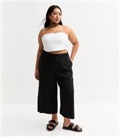 Women's Plus Size Black Linen Look Wide Leg Cropped Trousers Curves New Look