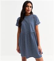 Women's Blue Stripe Print Smock Mini Dress New Look