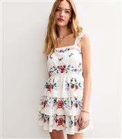 Women's White Tiered Floral Embroidered Mini Dress New Look