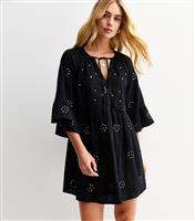Women's Black Embellished Tie Neck Mini Smock Dress New Look