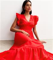 Women's Bright Red Textured Cotton Frill Sleeve Tiered Midi Dress New Look