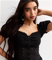 Women's Black Broderie Anglaise Puff Sleeve Top New Look