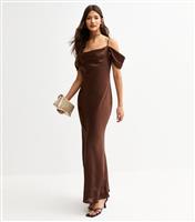 Women's Dark Brown Satin Bardot Midaxi Dress New Look