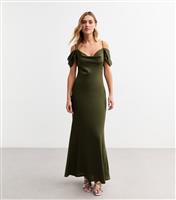 Women's Khaki Satin Bardot Midi Dress New Look