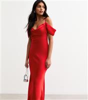 Women's Red Satin Bardot Midi Dress New Look