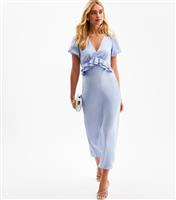 Women's Blue V-Neck Satin Ruffled Midi Dress New Look
