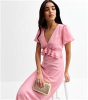 Women's Pink V-Neck Satin Ruffled Midi Dress New Look