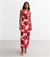 Women's Red Rose Print Halterneck Mesh Midi Dress New Look