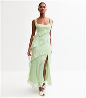 Women's Light Green Asymmetric Ruffled Slit Hem Chiffon Midi Dress New Look