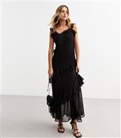 Women's Black Asymmetric Ruffle Trim Midi Dress New Look