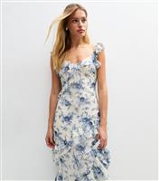 Women's Blue Floral Print Ruffle Trim Midi Dress New Look