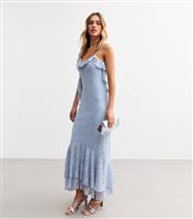 Women's Blue Frilly Trimmed Tiered Hem Lace Midi Dress New Look