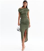 Women's Khaki Textured Slit Hem Midi Skirt New Look