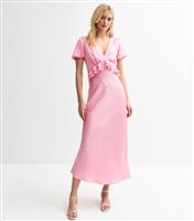 Women's Tall Light Pink Satin Empire Line Ruffle Trim Midi Dress New Look