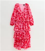 Women's Tall Pink Floral Print Ruffle Trim Midi Dress New Look