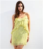 Women's Bright Yellow Metallic Jacquard Ruffle Trim Mini Dress New Look