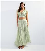 Women's Light Green Metallic Jacquard Chiffon Tiered Midi Skirt New Look