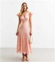 Women's Pink Jacquard Frill Sleeve Empire Line Midi Dress New Look