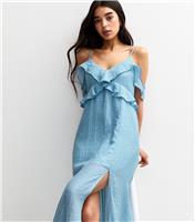Women's Blue Textured Cold Shoulder Frill Trim Midi Dress New Look
