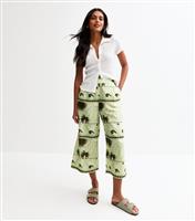 Women's Green Lightweight Sun Palm Tree Print Crop Trousers New Look