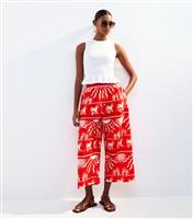 Women's Red Lightweight Sun Palm Tree Print Crop Trousers New Look
