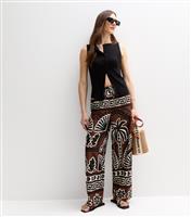Women's Brown Palm Tree Print Wide Leg Trousers New Look