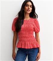 Women's Red Jersey Gingham Checked Shirred Tiered Peplum Top New Look