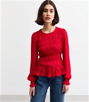Women's Red Shirred Peplum Top New Look