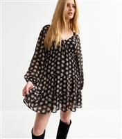 Women's Black Floral Print Chiffon Smock Mini Dress New Look