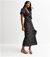 Women's Black Satin Spot Print Ruffle Trim Midi Dress New Look